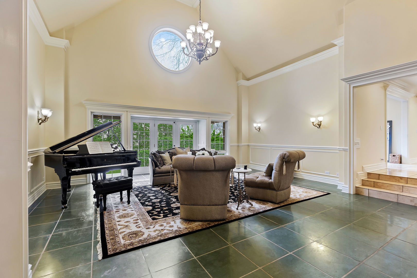1560 South Ridge Road Lake Forest, IL 60045 - Photo 4 of 27 a living room with furniture a chandelier and a piano