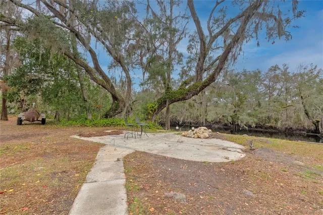 a wooden bench with view of trees
