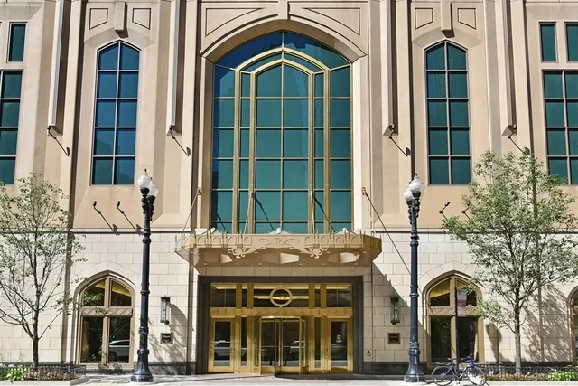 a front view of a building with a entrance
