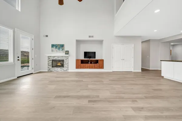 a view of a living room a stove and a window