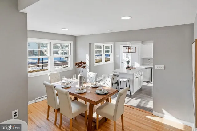 a view of a dining room with furniture window and wooden floor