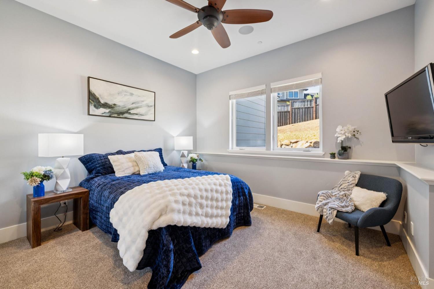 3882 Royal Manor Place Santa Rosa, CA 95404 - Photo 40 of 87 Main level bedroom with built-in closet shelves, recessed lighting, surround sound speakers ceiling fan and cat 5 wiring. There is a full bathroom adjacent to here as well.