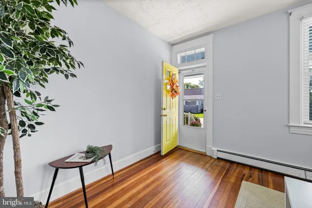 a view of a room with wooden floor and potted plant