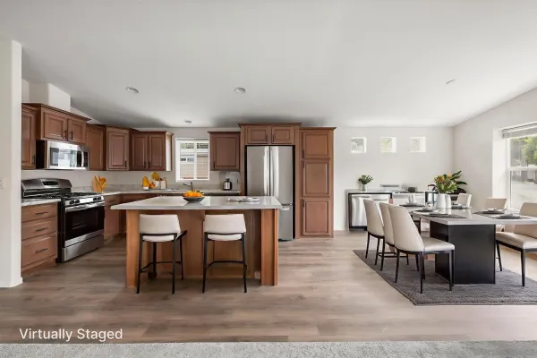 a view of a dining room with furniture