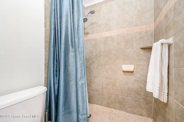 a bathroom with a shower and a toilet