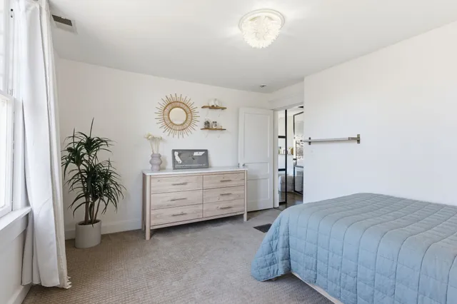 a bed room with a bed and a potted plant