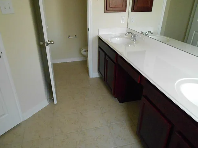 a bathroom with a double vanity sink a toilet and a mirror