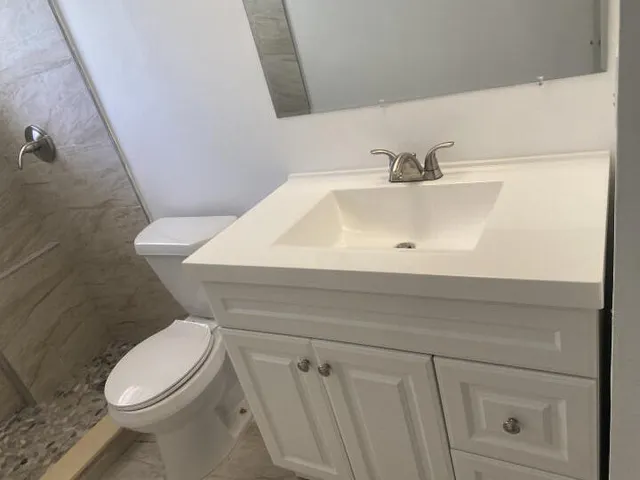 a bathroom with a sink a toilet and mirror