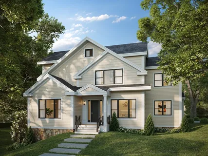 a view of a white house next to a yard with plants and trees