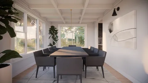 a dining room with furniture and window