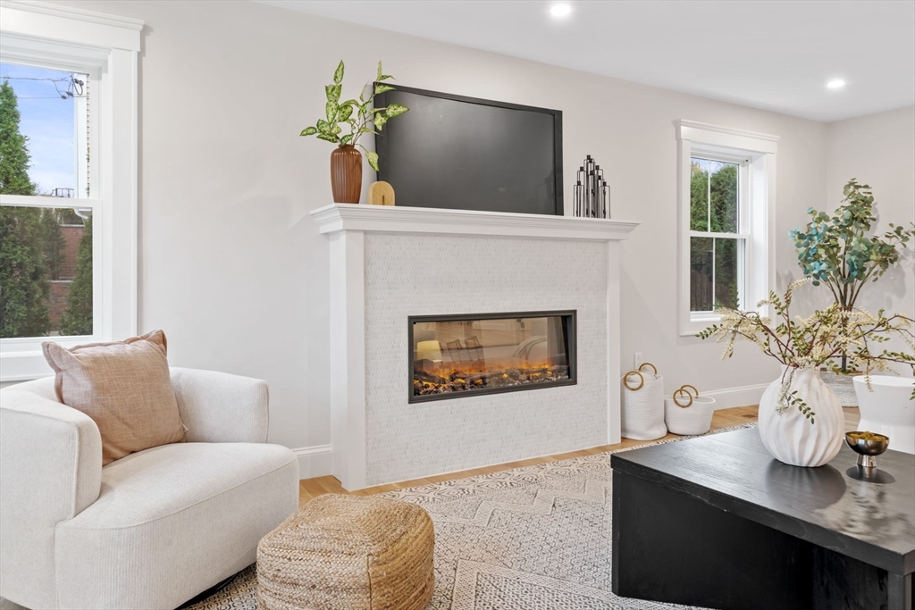 56 Valentine Road Arlington, MA 02476 - Photo 9 of 42 a living room with furniture a potted plant and a fireplace