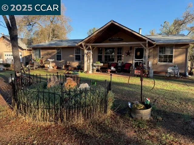 a view of a patio with table and chairs potted plants and large tree