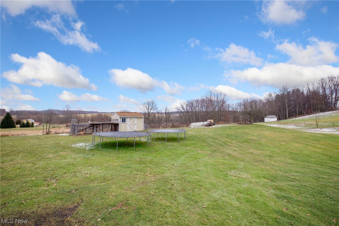 6322 Homeworth Road Homeworth, OH 44634 - Photo 34 of 36 View of yard with a trampoline, a rural view, and a shed
