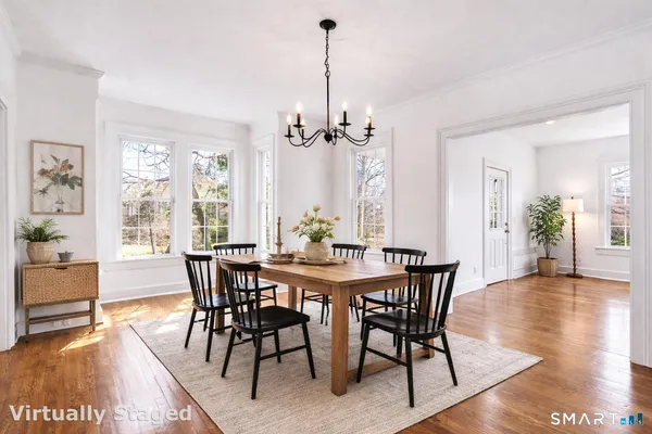 a view of a dining room with furniture window and wooden floor