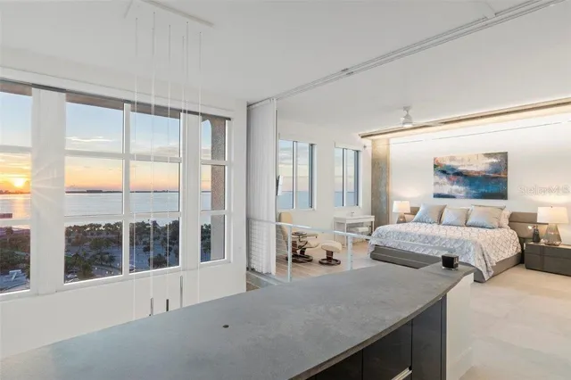 a view of a room with windows