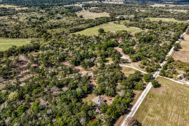 an aerial view of residential houses with outdoor space and trees