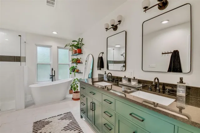 a bathroom with a white bath tub