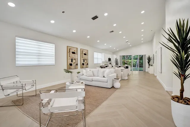 a living room with furniture and a potted plant