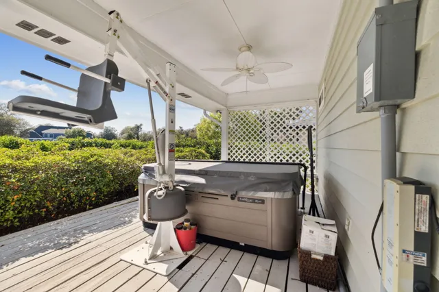 a porch with seating space