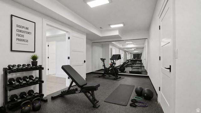 1682 North 1950 W Street, Unit 9 Provo, UT 84604 - Photo 77 of 84 Dedicated fitness room featuring resilient rubber flooring, expansive wall-mounted mirrors, recessed lighting, and contemporary white doors with dark hardware