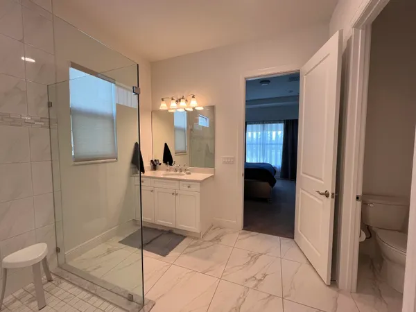 a bathroom with a sink a toilet and mirror