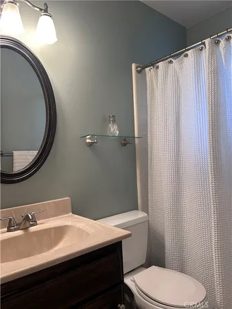 a bathroom with a sink a toilet and shower curtain