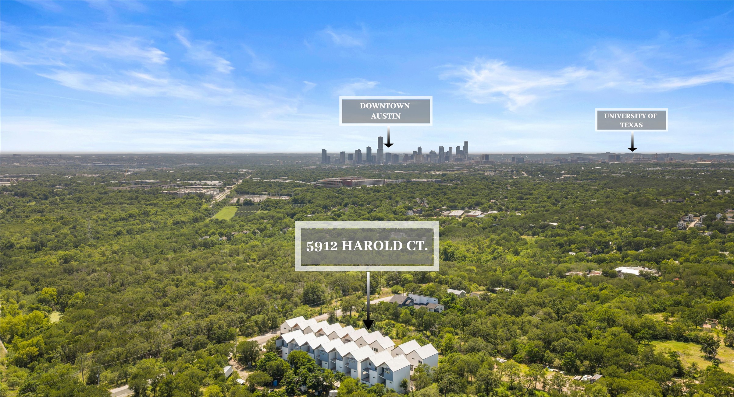5912 Harold Court, Unit 106 Austin, TX 78721 - Photo 2 of 26 An aerial look at the community's green East Austin setting — mature tree cover and quiet surroundings, with the energy of the city only minutes away. Model No. 104 Shown.