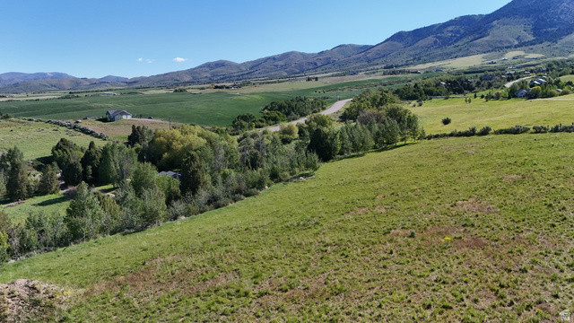 1398 Mogul Lane, Unit 1 Inkom, ID 83245 - Photo 27 of 33 Expansive green acreage with rolling hills, a distant white structure, surrounding mature trees, and a mountain range backdrop