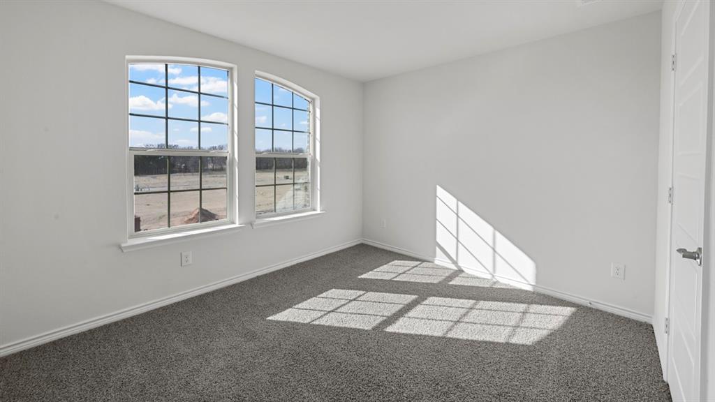 412 Carthage Street Caddo Mills, TX 75135 - Photo 11 of 32 Bright interior room featuring two arched windows with grid patterns, neutral grey carpeting, white baseboards, and a modern paneled door