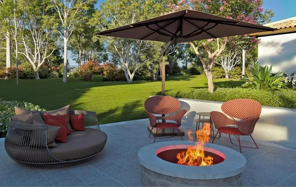 a outdoor view with a seating space