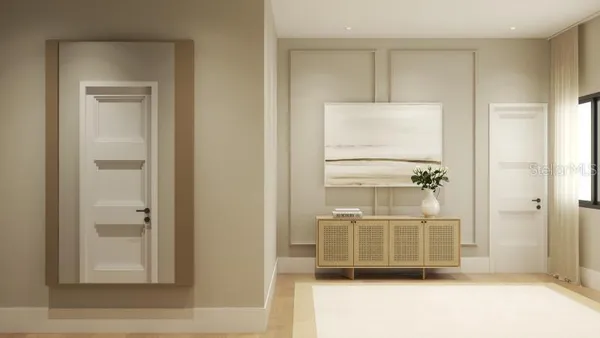 a bedroom with a bed and a lamp