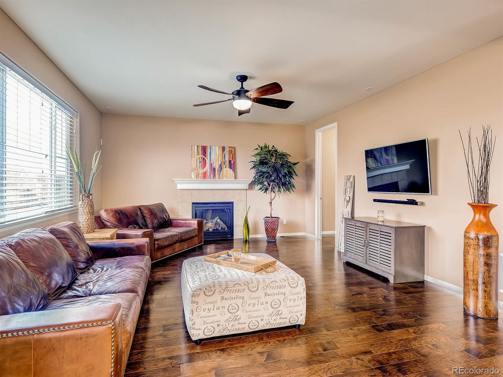 714 Springvale Road Castle Rock, CO 80104 - Photo 5 of 28 a living room with furniture a flat screen tv and a fireplace