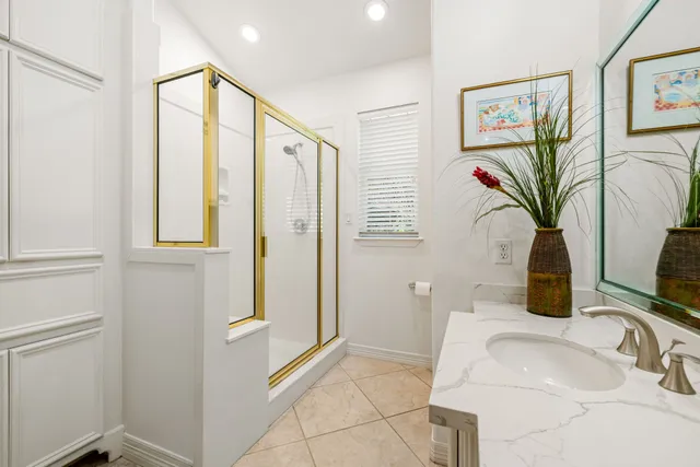 a bathroom with a sink a mirror and a shower
