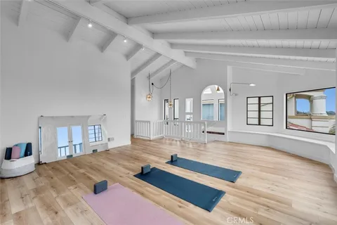 an aerial view of a house with a garden