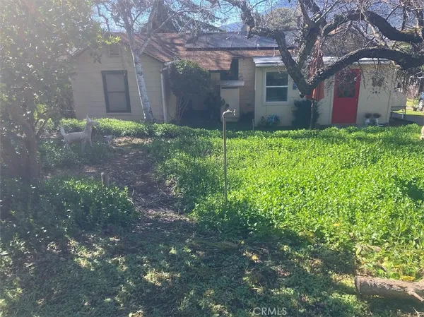 a view of a backyard with wooden fence
