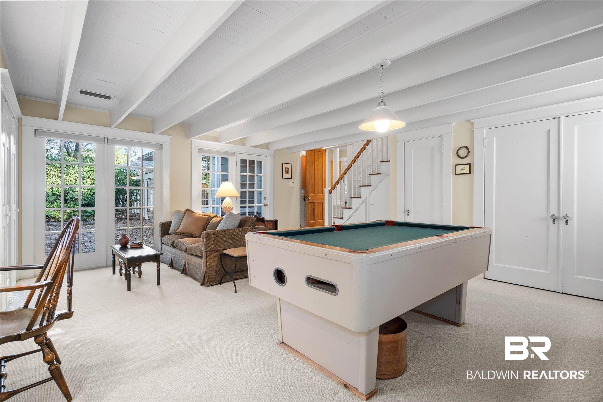 2 Westgate Road Mobile, AL 36608 - Photo 24 of 63 Family room with billiards table, light carpet, and beamed ceiling