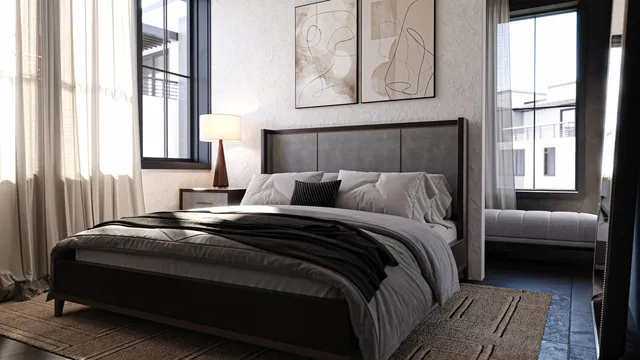 a bedroom with a bed and a window