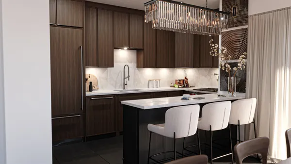 a kitchen with stainless steel appliances a sink cabinets and wooden floor