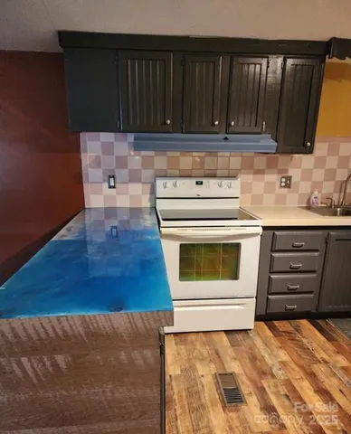 a kitchen with a stove and cabinets