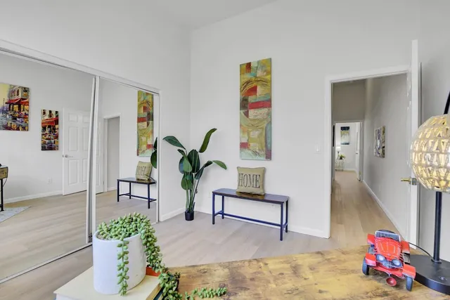 a living room with furniture and a potted plant