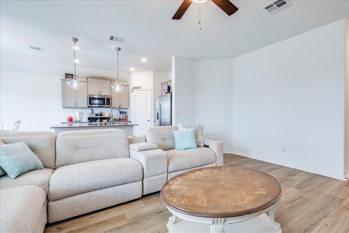 389 Salt Springs Road Kyle, TX 78640 - Photo 29 of 30 An open floorplan seamlessly connects the well-lit living area to a modern, fully-equipped kitchen.