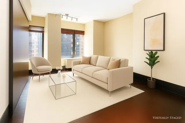 a living room with furniture and a potted plant