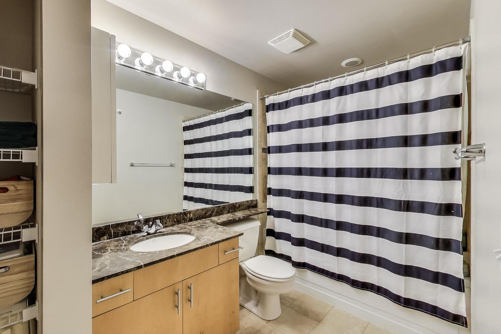 1040 West Adams Street, Unit 222 Chicago, IL 60607 - Photo 11 of 20 a bathroom with a granite countertop sink and a mirror
