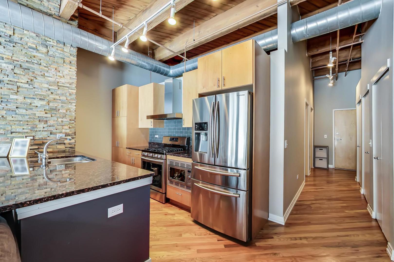 1040 West Adams Street, Unit 222 Chicago, IL 60607 - Photo 7 of 20 a kitchen with granite countertop a refrigerator and a sink