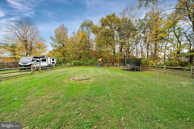 a view of a park with large trees