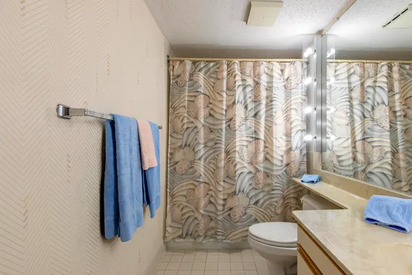 a bathroom with a shower curtain and a toilet