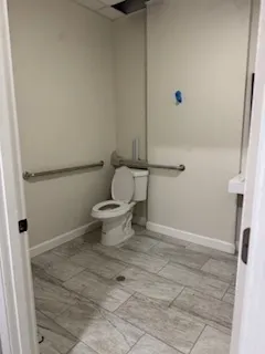 a bathroom with a toilet and a shower
