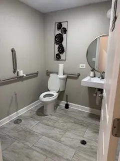 a bathroom with a sink toilet and mirror