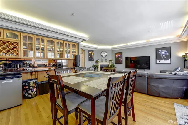 a view of a dining room with furniture