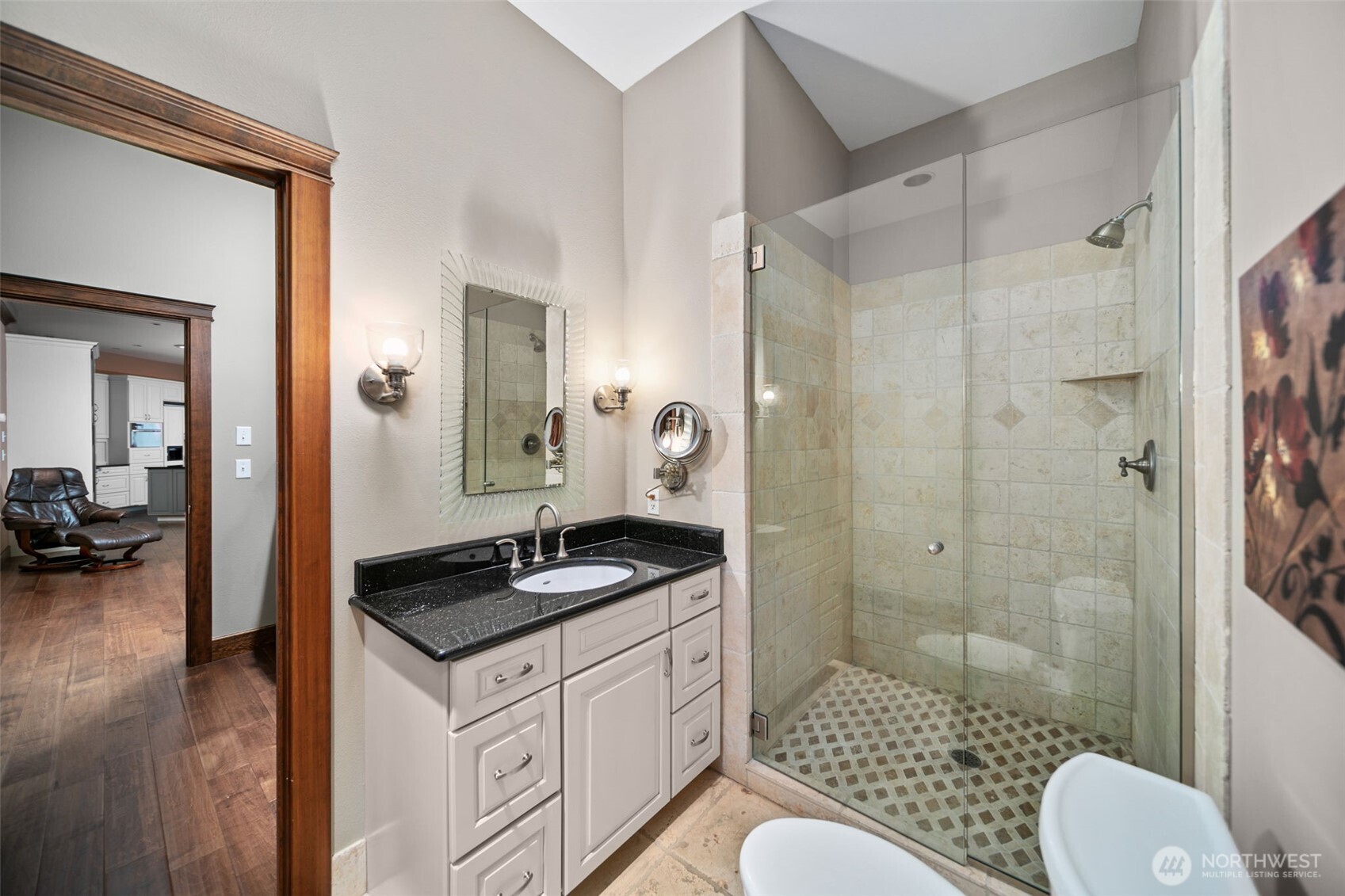 25 Mansfield Road Quincy, WA 98848 - Photo 36 of 40 a bathroom with a granite countertop sink a toilet a mirror and shower